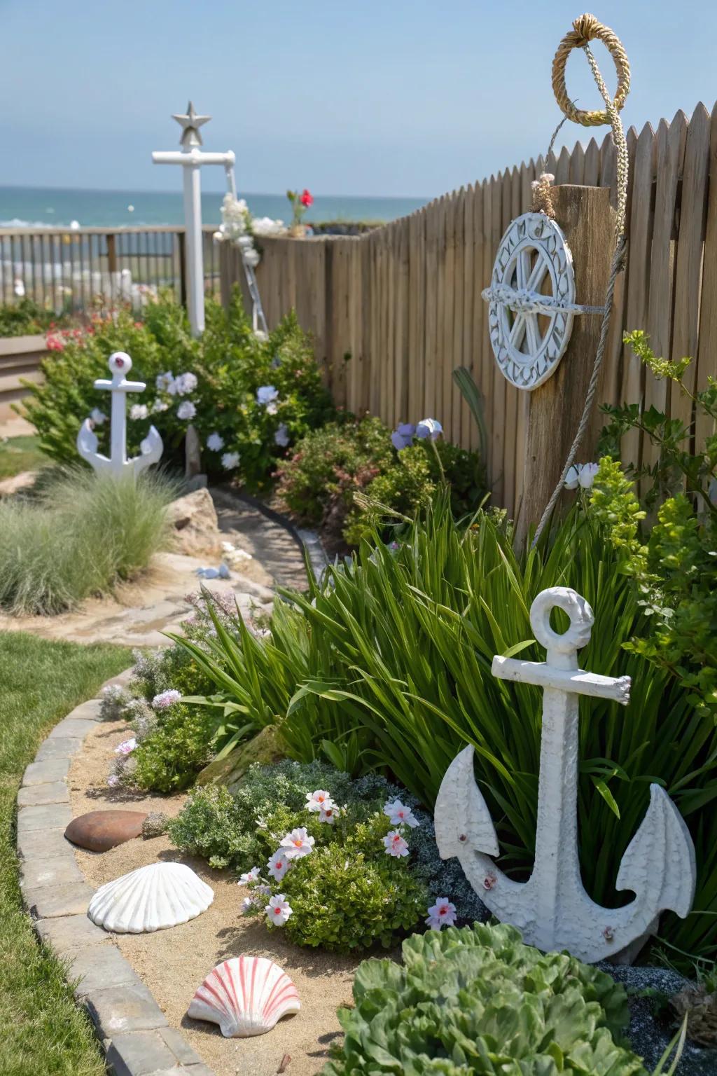 Nautical-themed garden decorations.