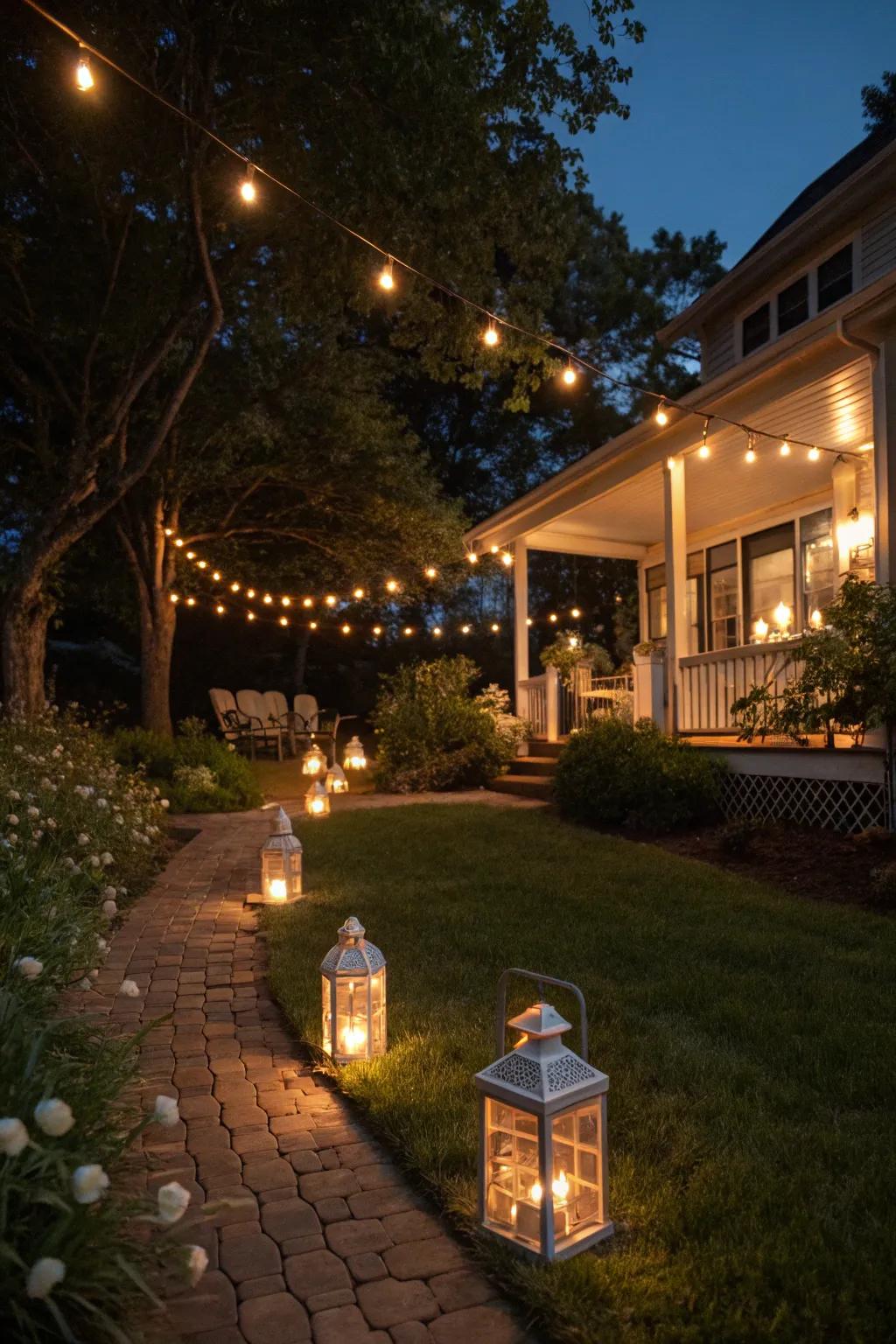 Coastal lighting enhancing garden ambiance.