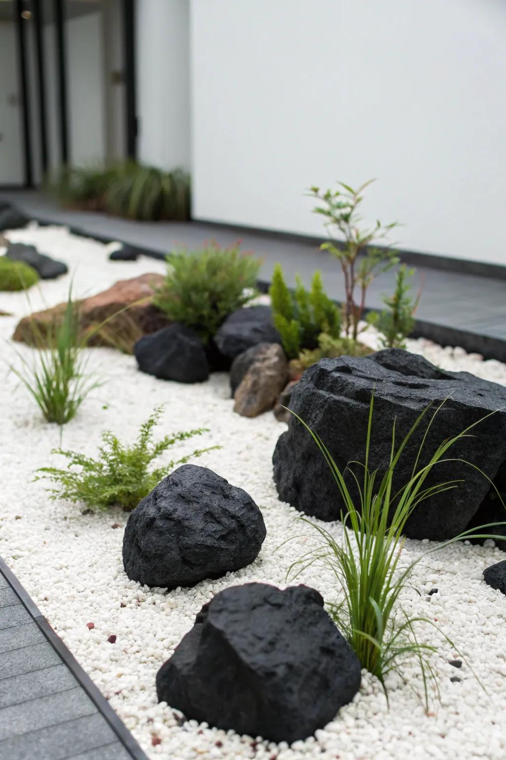 Minimalist garden design with black rocks.