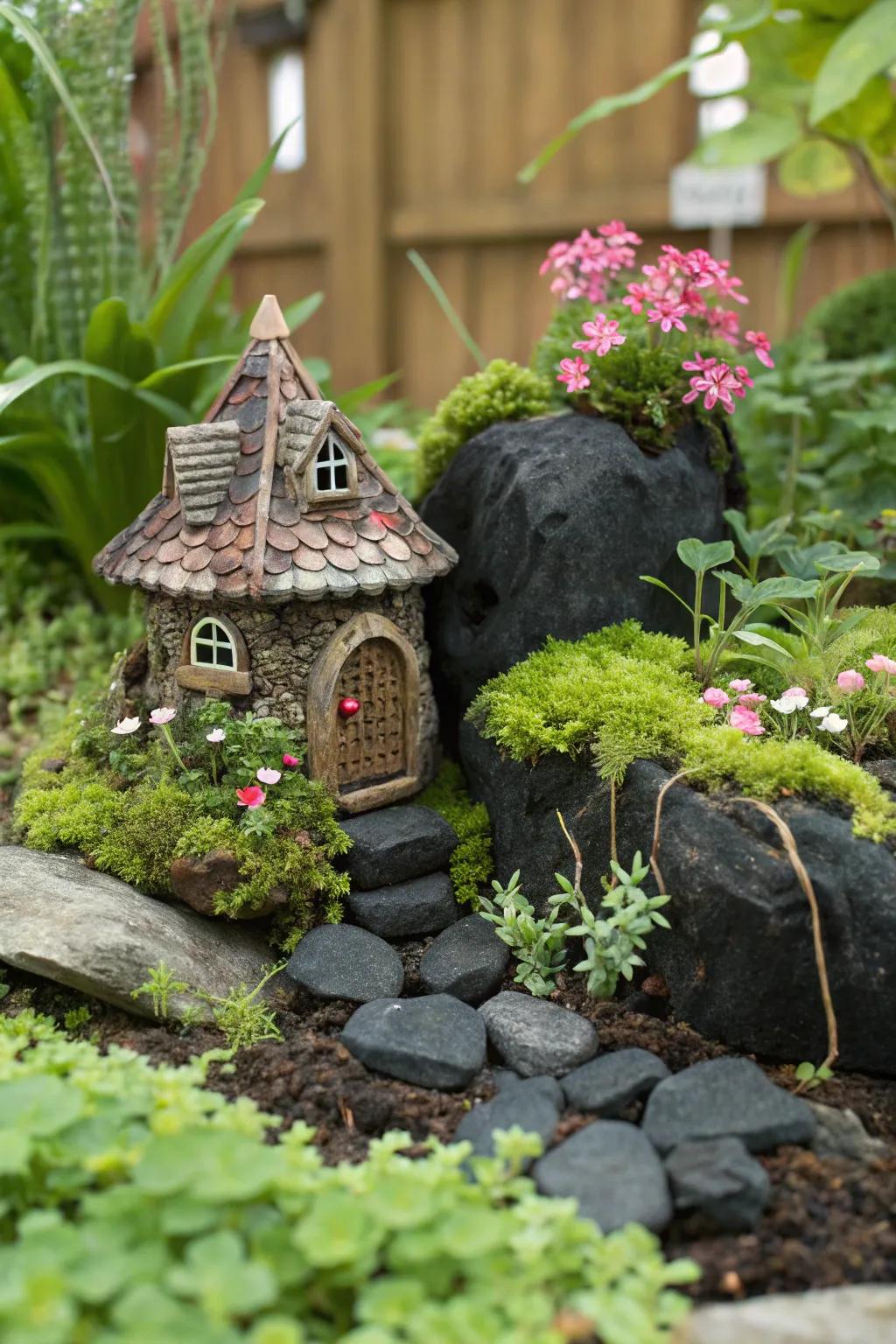 Whimsical fairy garden with black rocks.