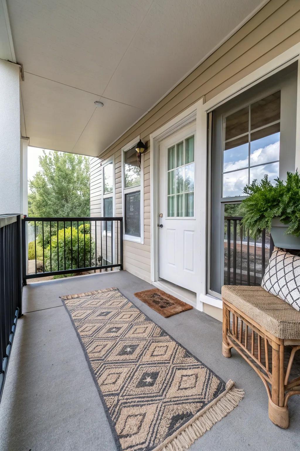 A textured rug enhancing the comfort and style of a porch.