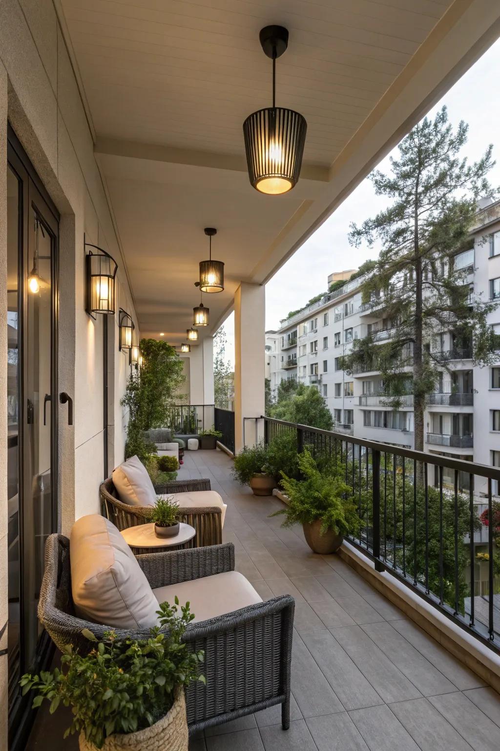 Modern light fixtures illuminating a cozy apartment porch.