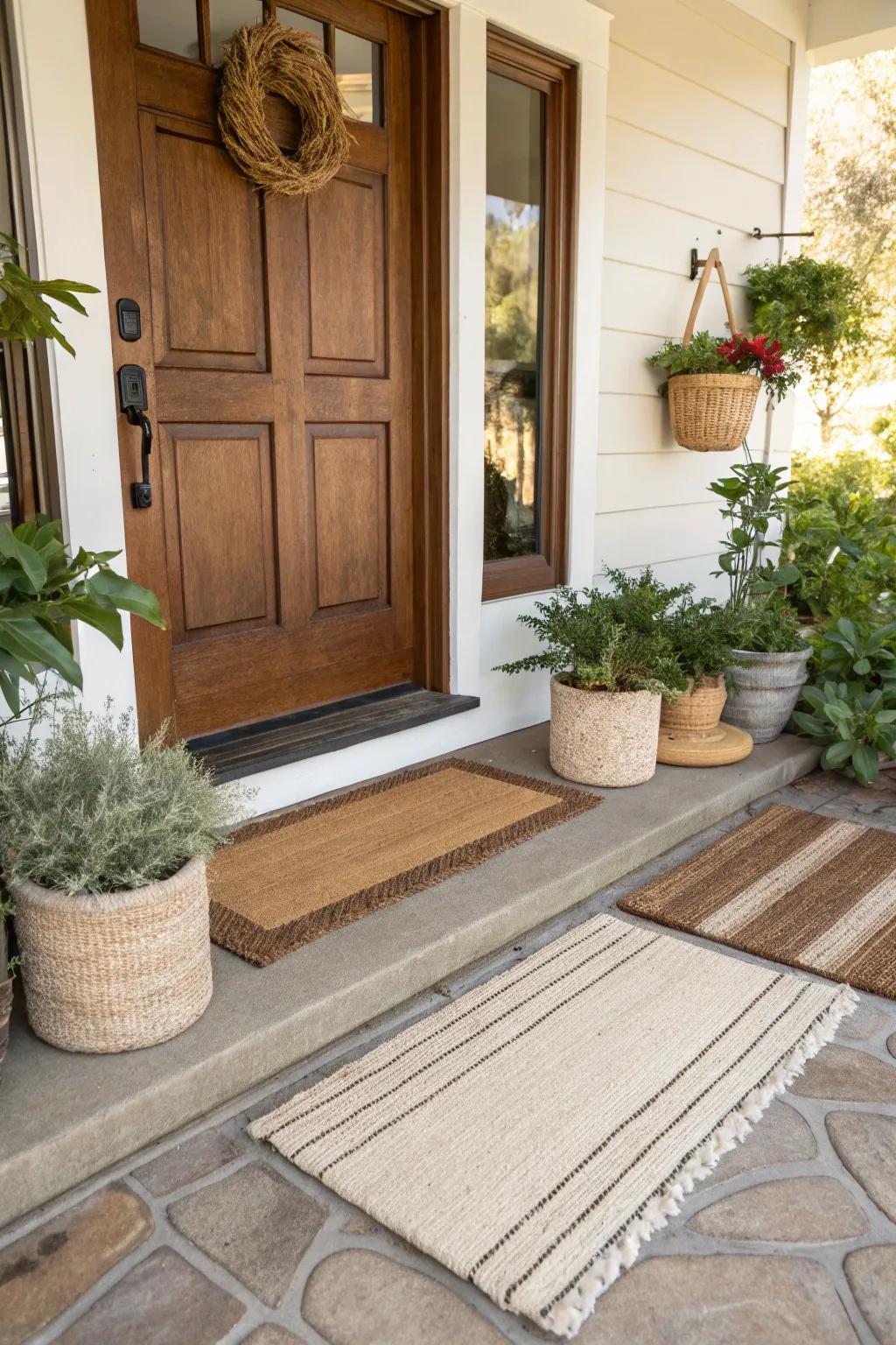 A stylish layered doormat setup creating a welcoming entrance.