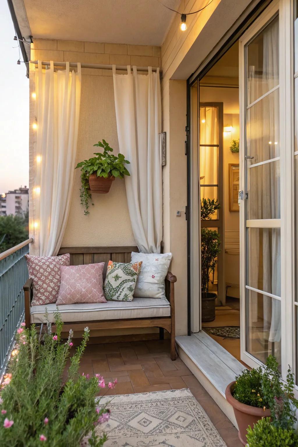 A small yet inviting seating nook on an apartment porch.