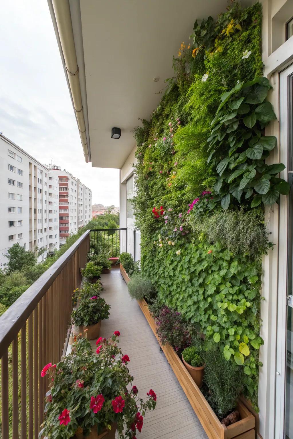A vertical garden bringing lush greenery to a limited porch space.