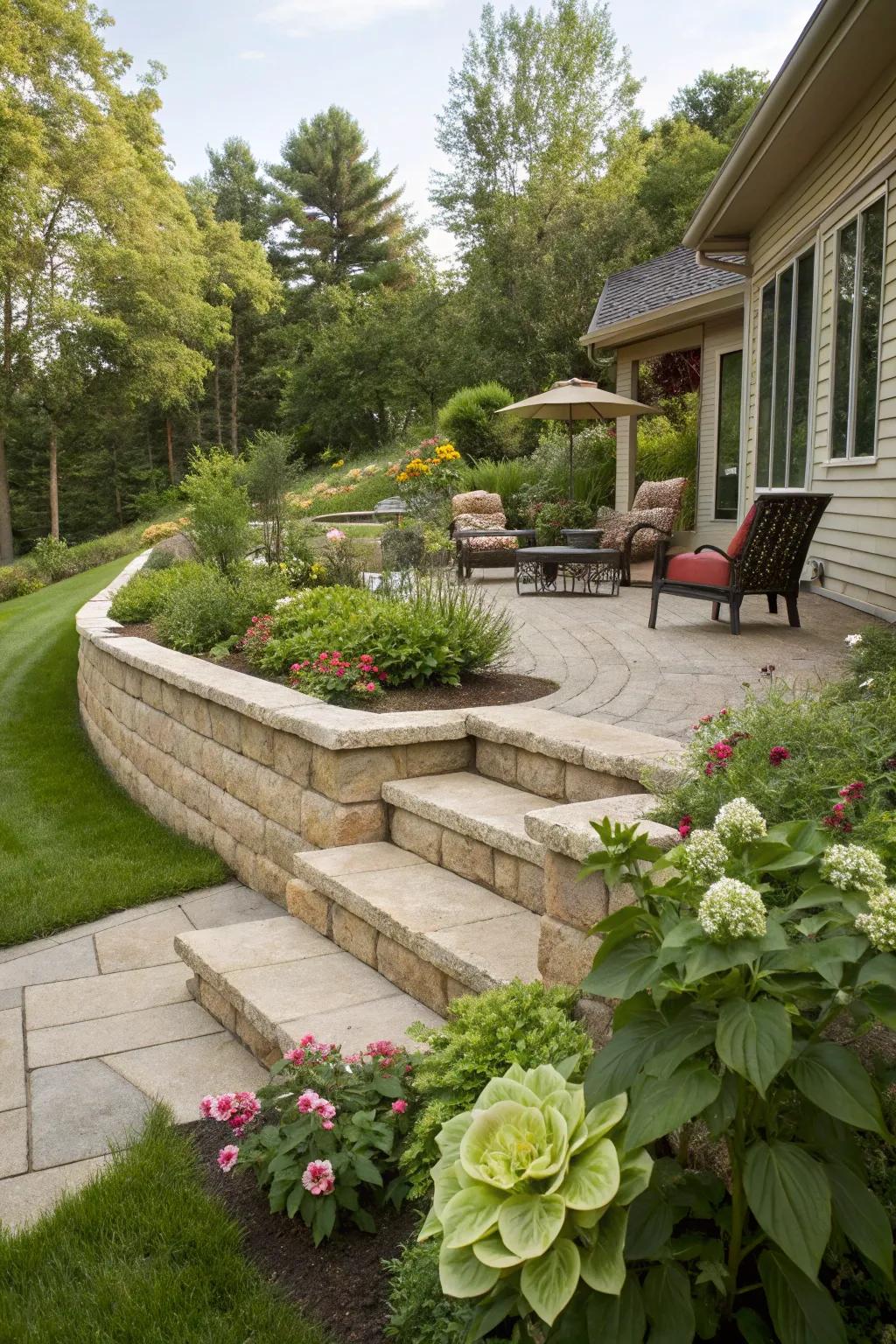 A retaining wall that doubles as seating adds functionality to your yard.