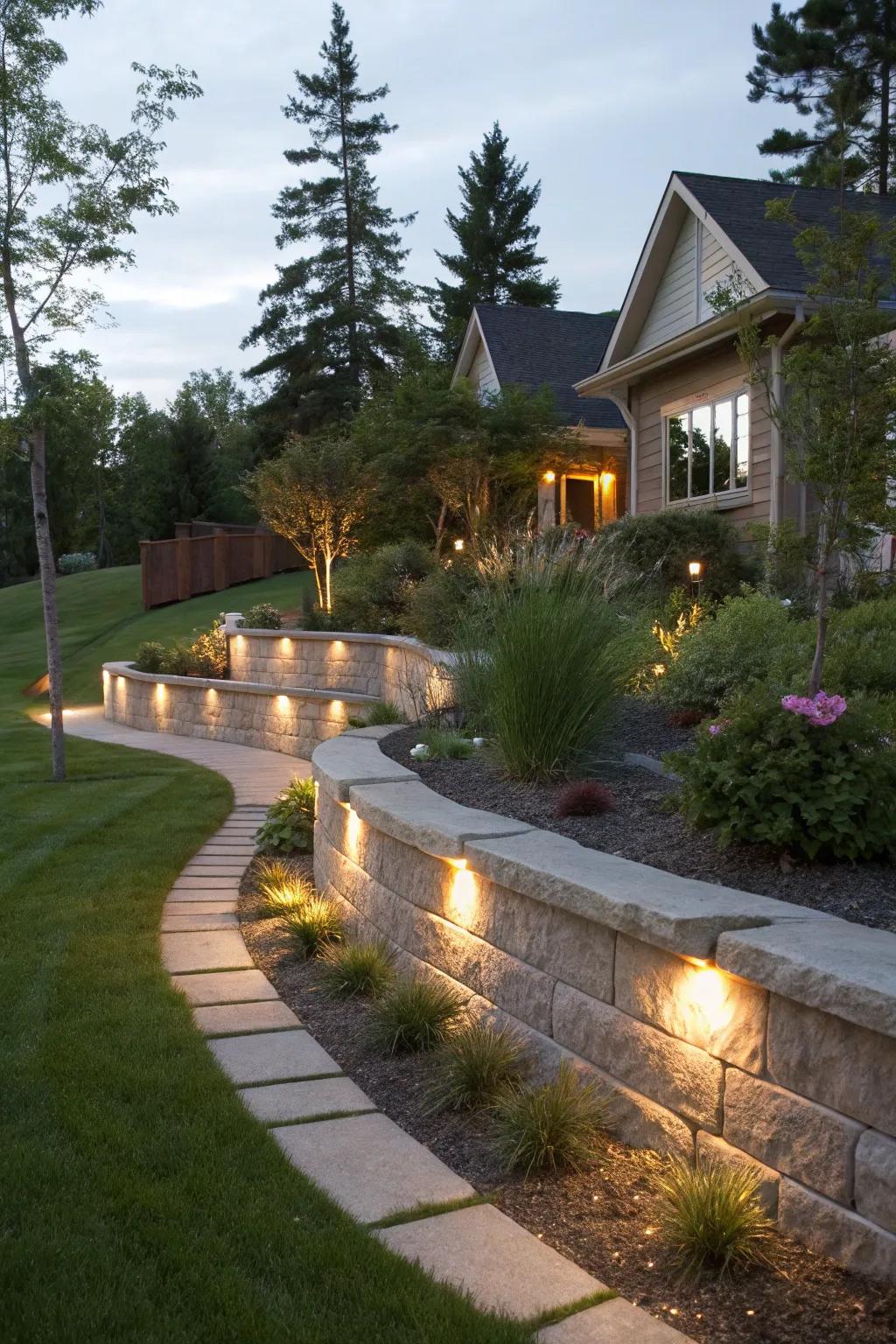 Built-in lighting makes your retaining wall glow beautifully at night.