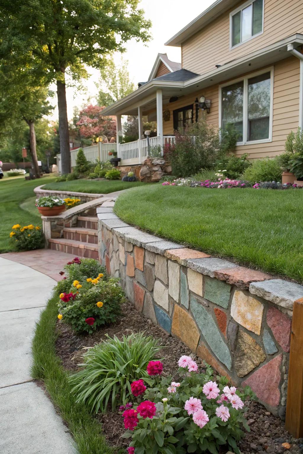 Patchwork stone designs add a colorful and artistic flair.