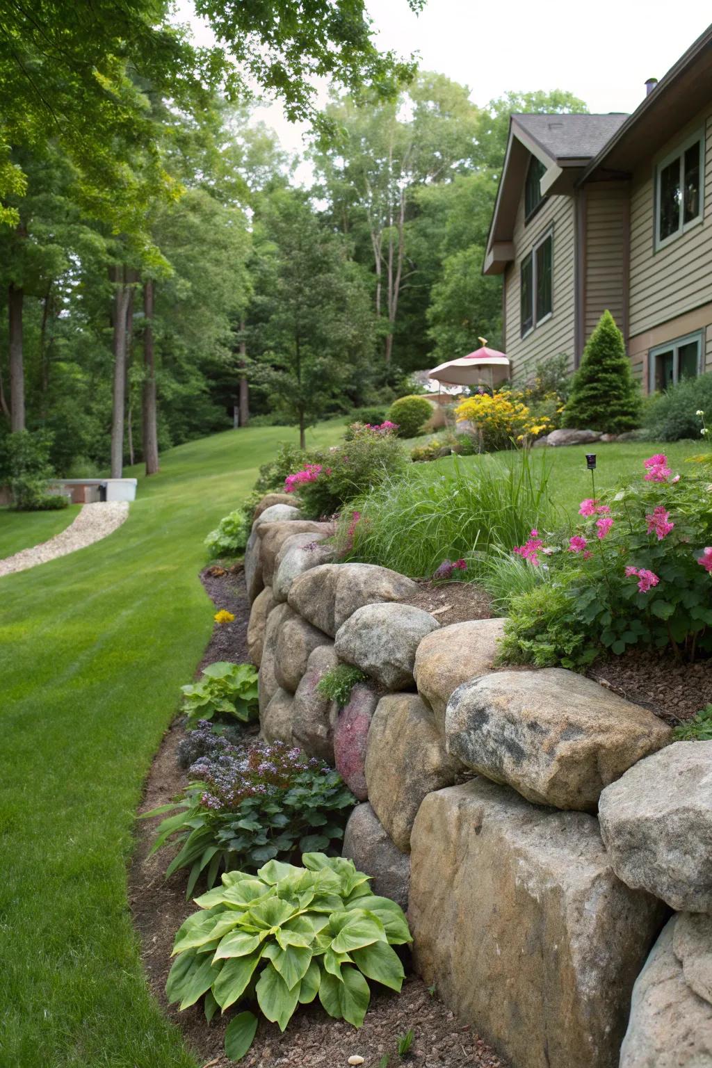 Boulder retaining walls offer natural beauty and strength.
