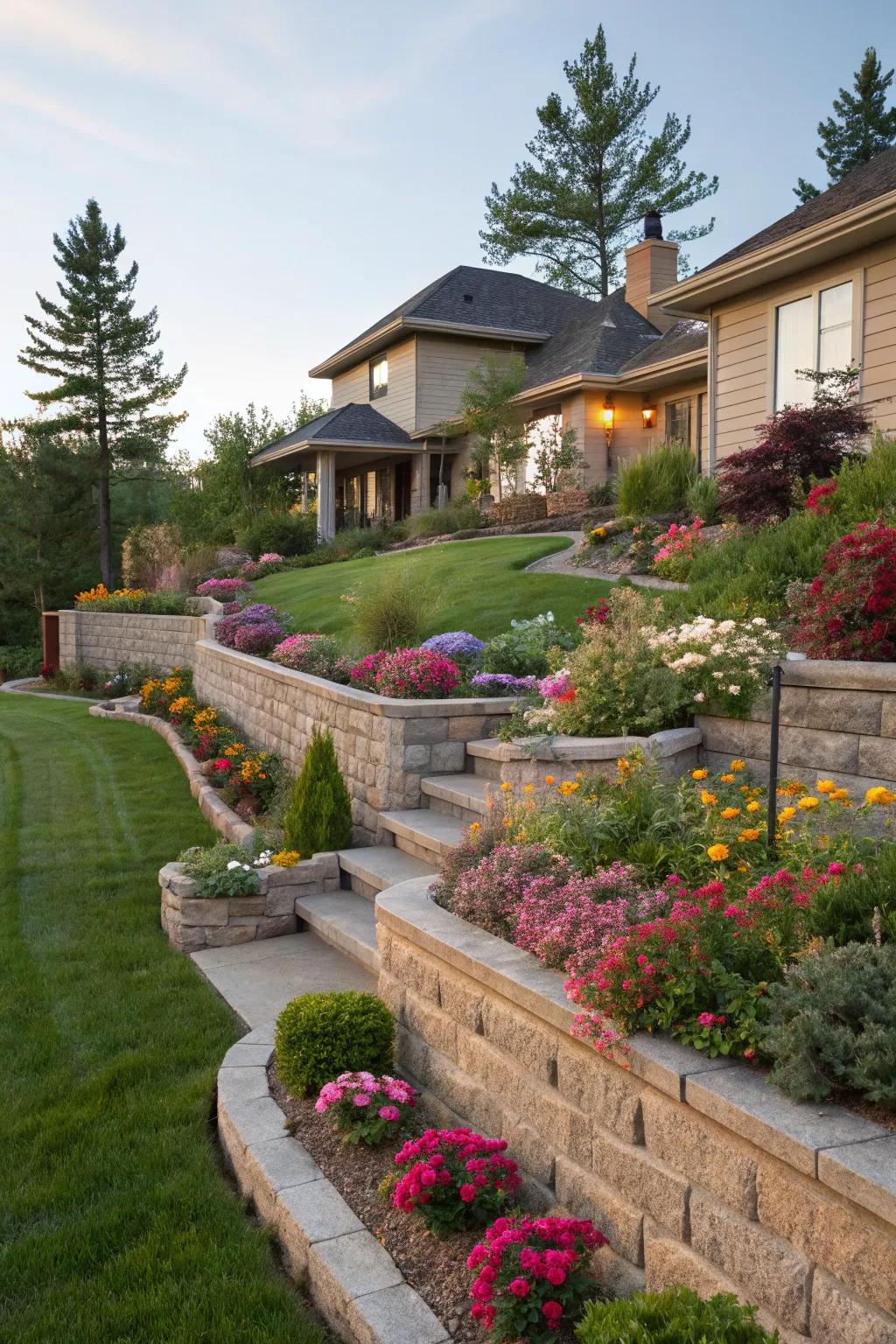 Tiered retaining walls create a lush, dynamic garden in your front yard.