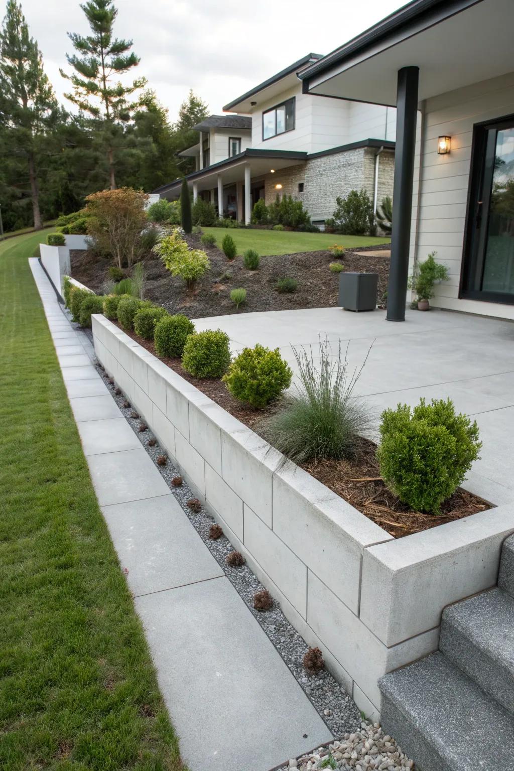 Concrete retaining walls bring a contemporary edge to your landscape.