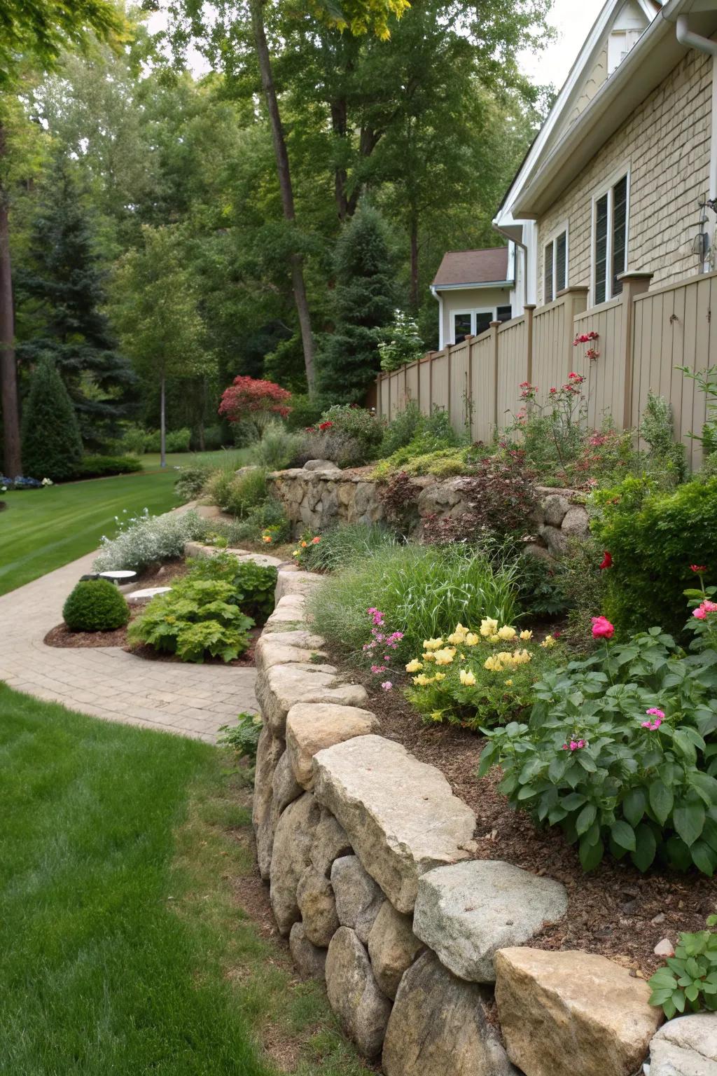 Natural stone retaining walls offer a classic and durable solution.