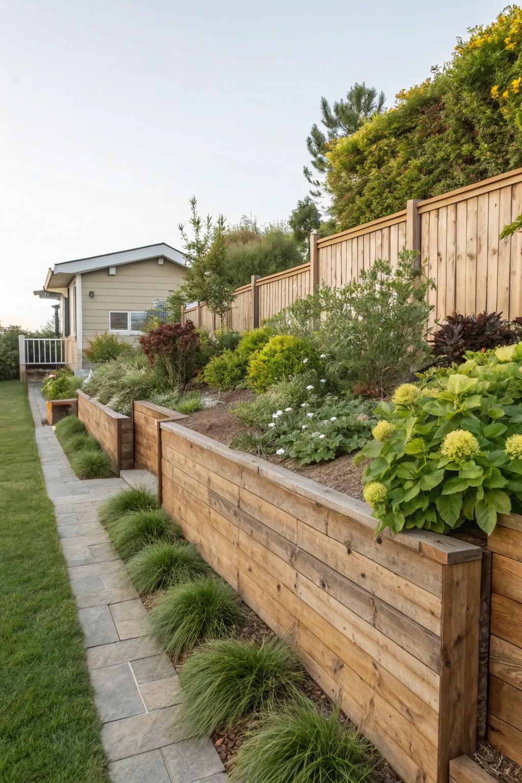Wooden retaining walls offer rustic charm and warmth.