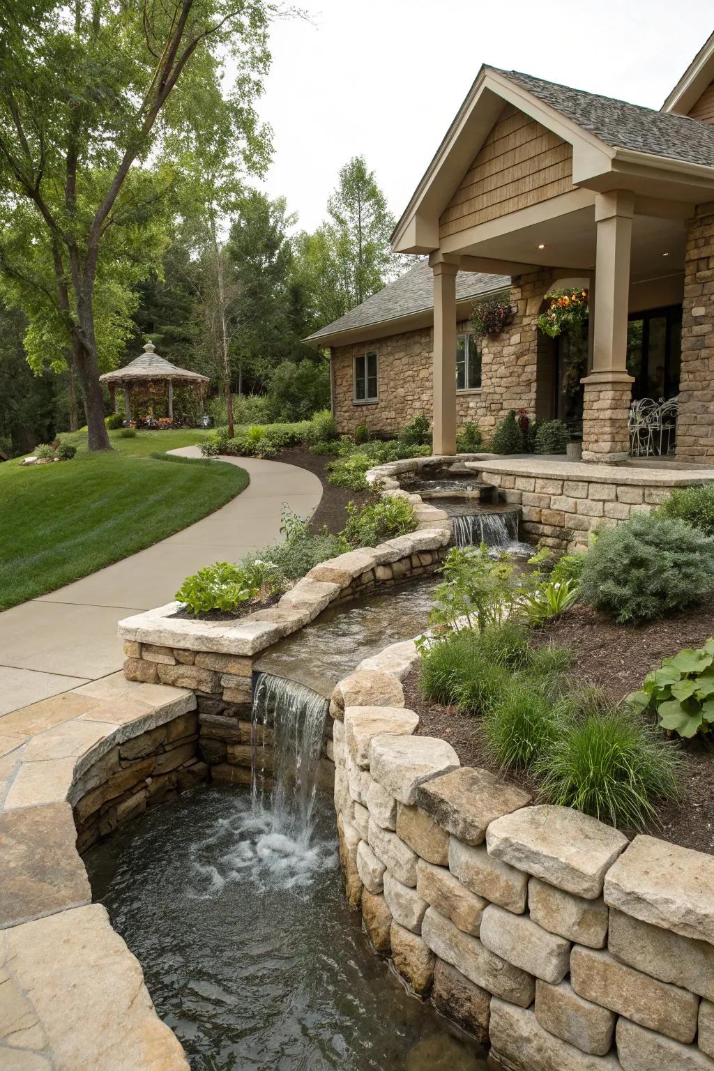 Add a water feature to your retaining wall for a touch of tranquility.
