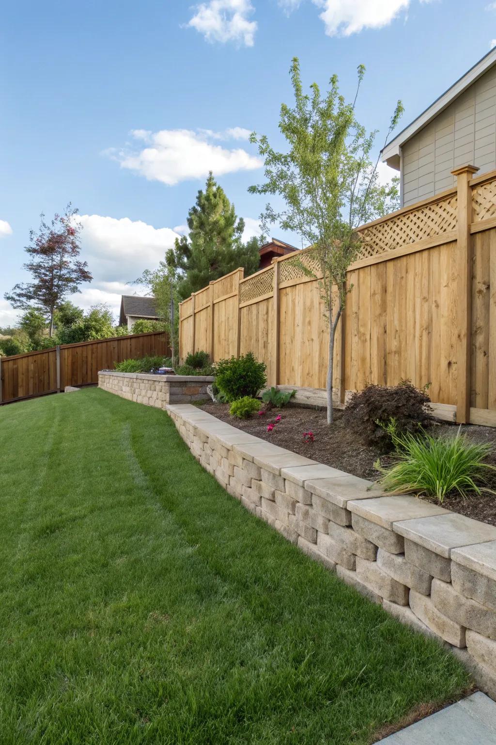 A fence atop your retaining wall enhances privacy and safety.