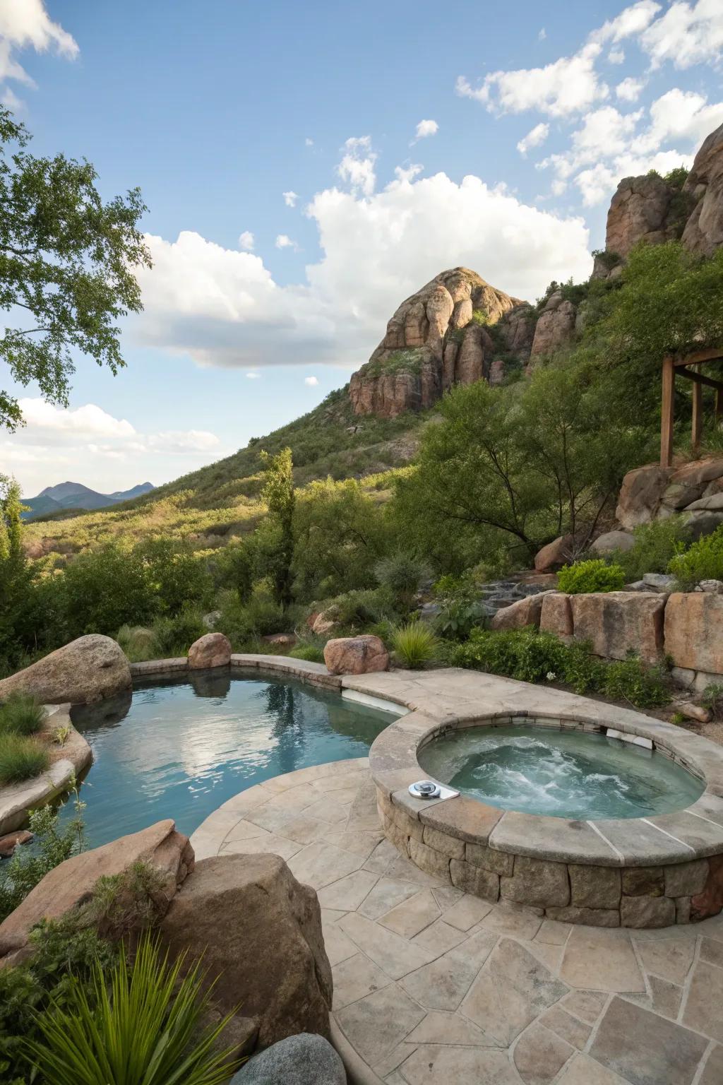 Rocky mountain features bring a rugged and natural look to your pool area.