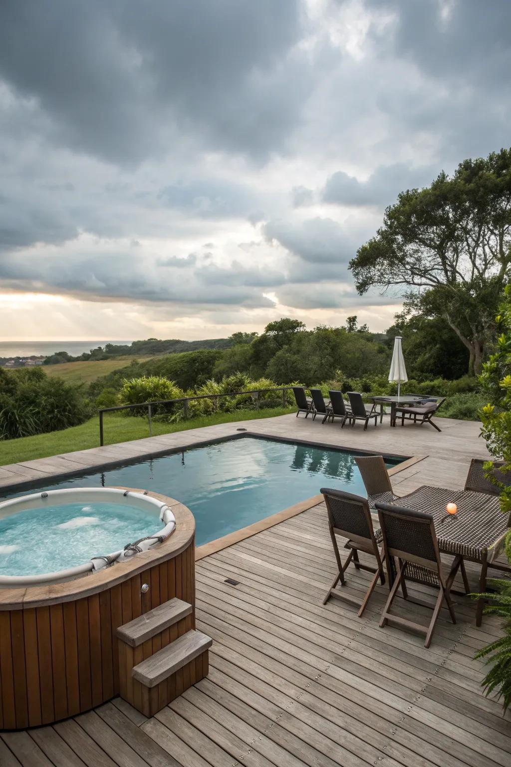 A wooden deck expands your pool and hot tub's living space.