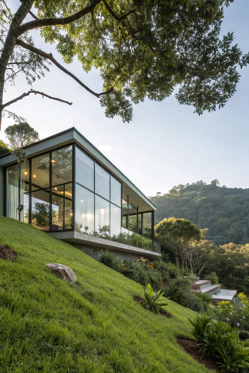 Sleek modern design enhances hillside living.
