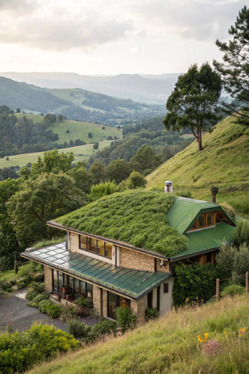 Green roofs merge aesthetics with eco benefits on hillside homes.
