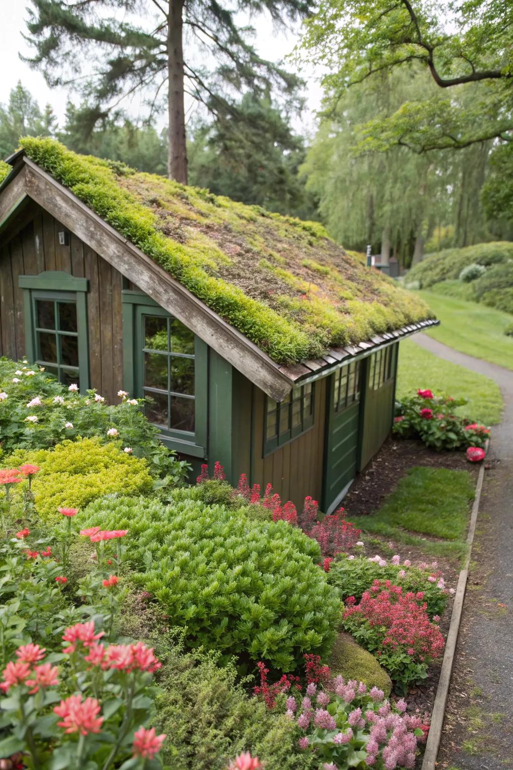A garden shed transformed with a lush living roof of moss and sedum.