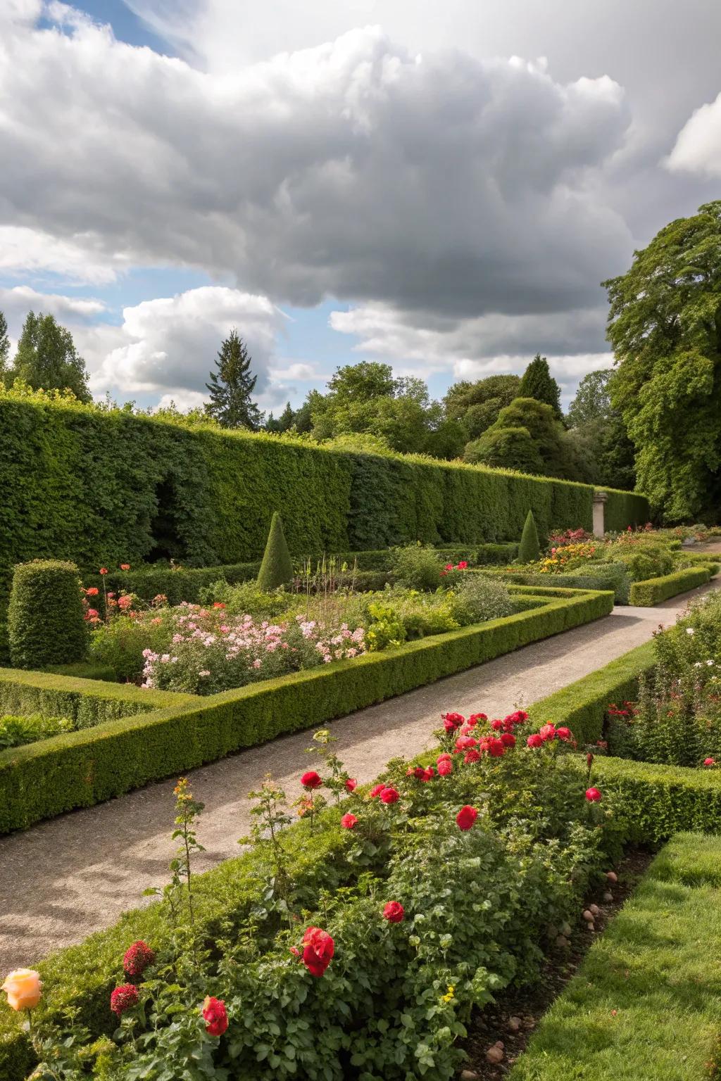 A private garden space enclosed by lush green hedges.
