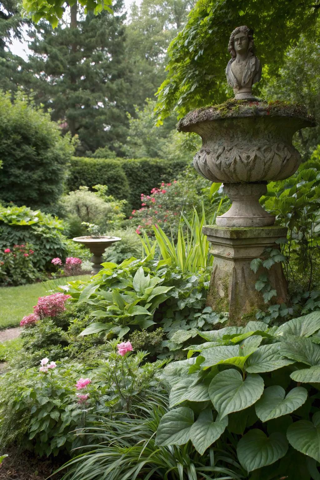 A garden enriched with a stone sculpture nestled among greenery.