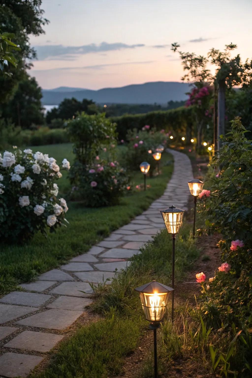 A garden path gracefully lit by solar lights, creating an enchanting evening atmosphere.