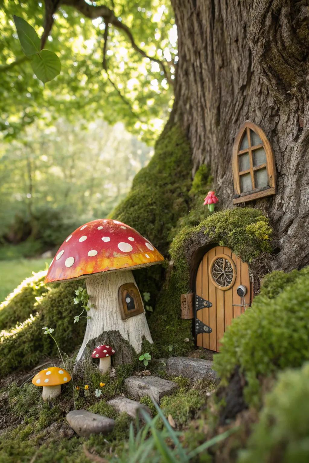 Unlock a world of whimsy with this colorful mushroom fairy door, perfect for adding a playful touch to your garden!