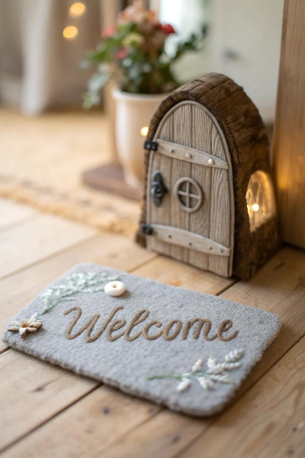 A warm welcome awaits at the fairy door with this charming handmade mat. 🧚‍♀️✨ #FairyMagic #ScandiBohoStyle