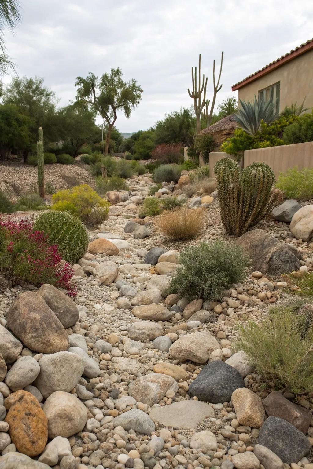 A dry creek bed adds both functionality and beauty to the landscape.