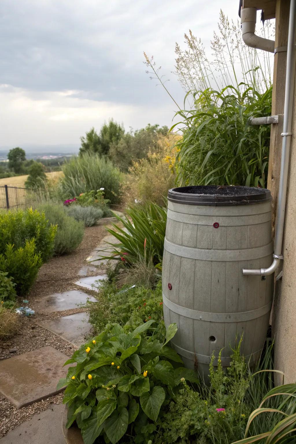 A rain barrel provides an eco-friendly water source for the garden.