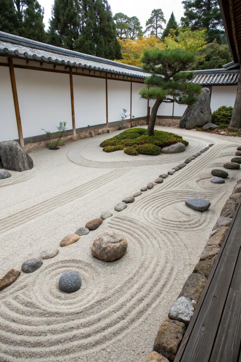 A Zen garden provides a peaceful retreat with minimal upkeep.