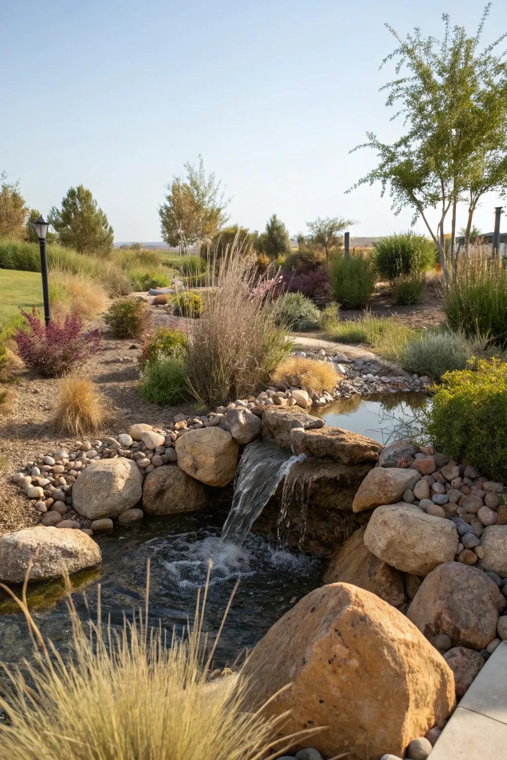 A bubbling rock brings sound and movement to a low-water garden.