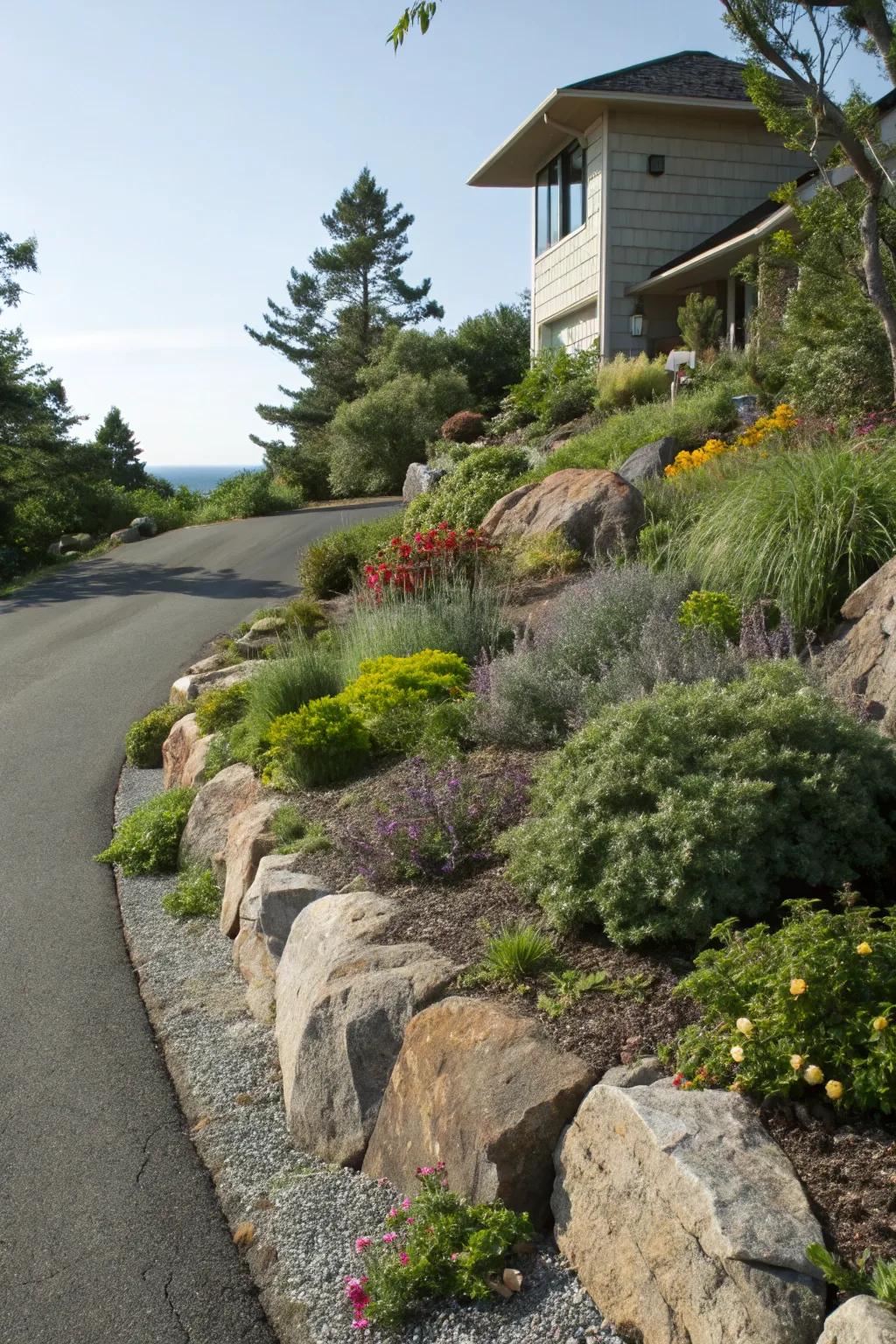 Rockery offers a natural and low-maintenance boundary.