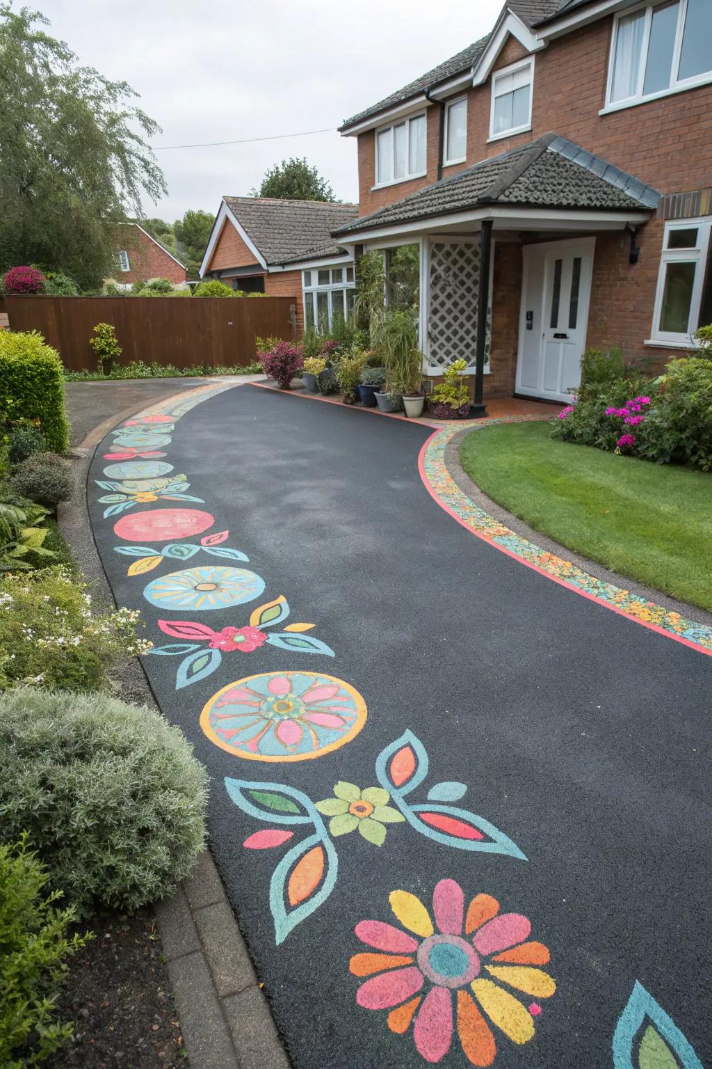 Tarmac driveway adorned with playful painted patterns.