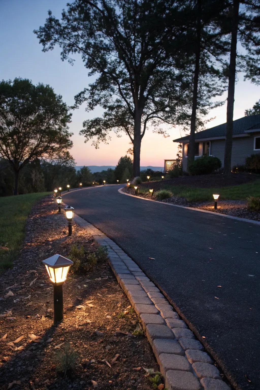 Solar lights accentuating driveway curb appeal at night.