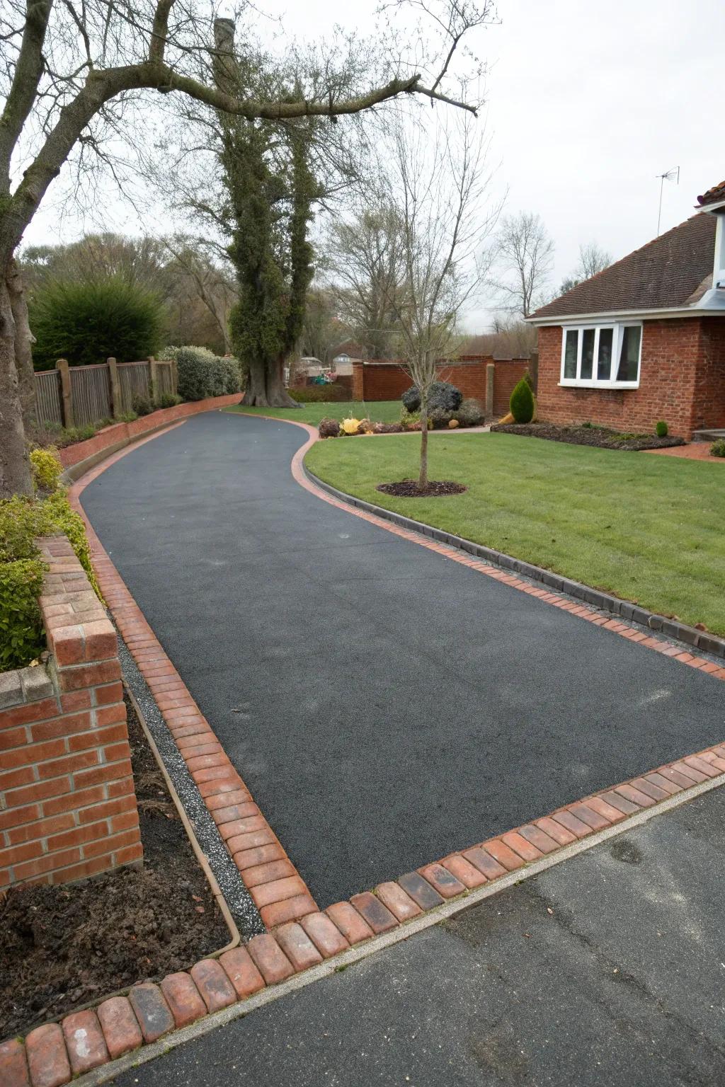 Tarmac driveway complemented with traditional brick edging.