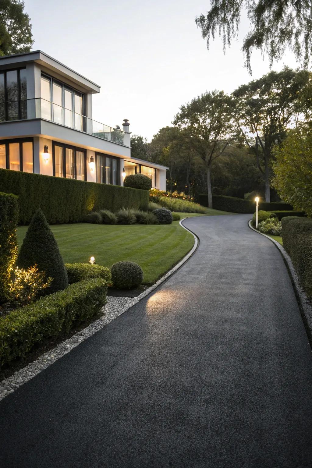 Modern driveway finished in deep, dark tarmac for a sleek statement.
