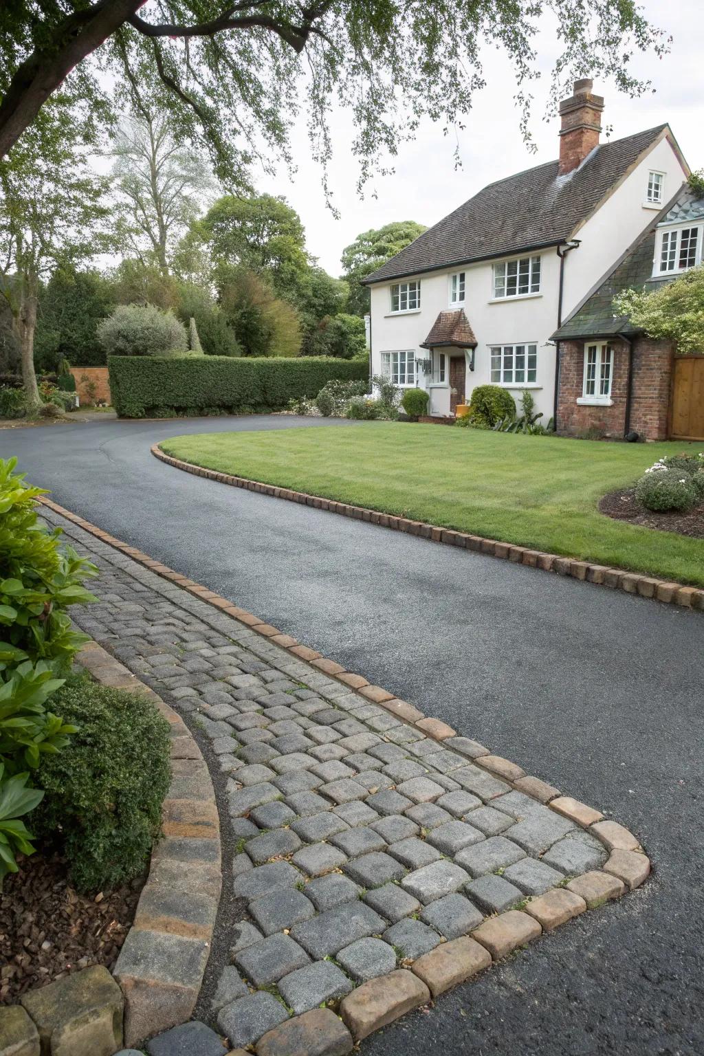 Classic cobblestone edging perfectly framing a tarmac driveway.