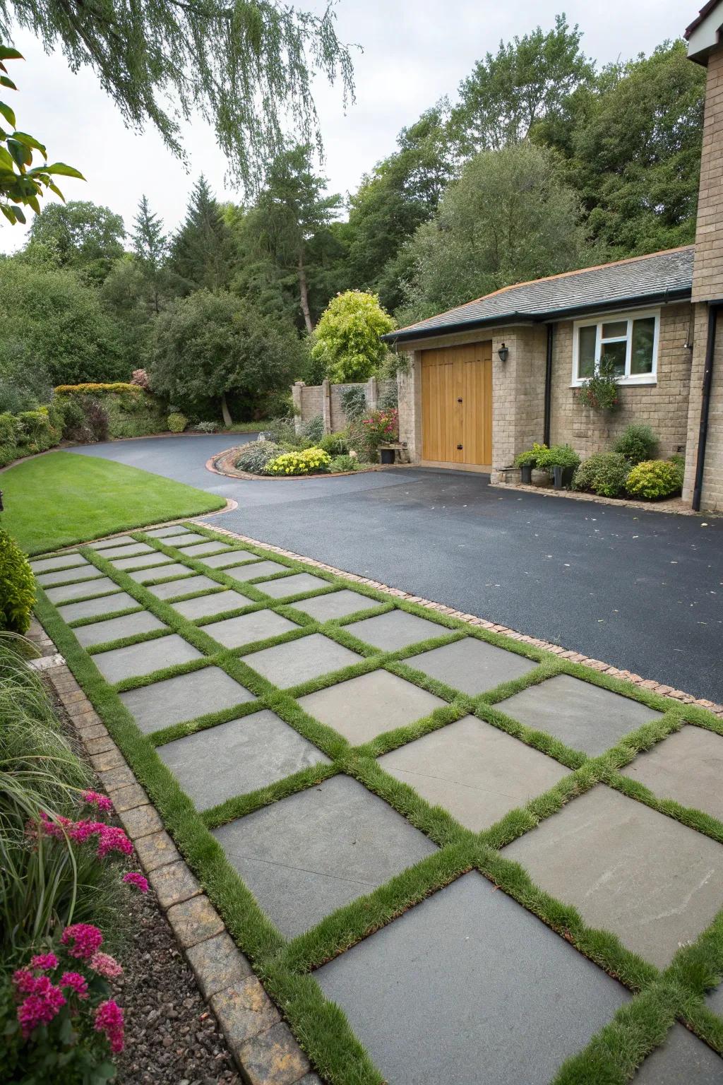 Driveway integrated with greenery using grass pavers.