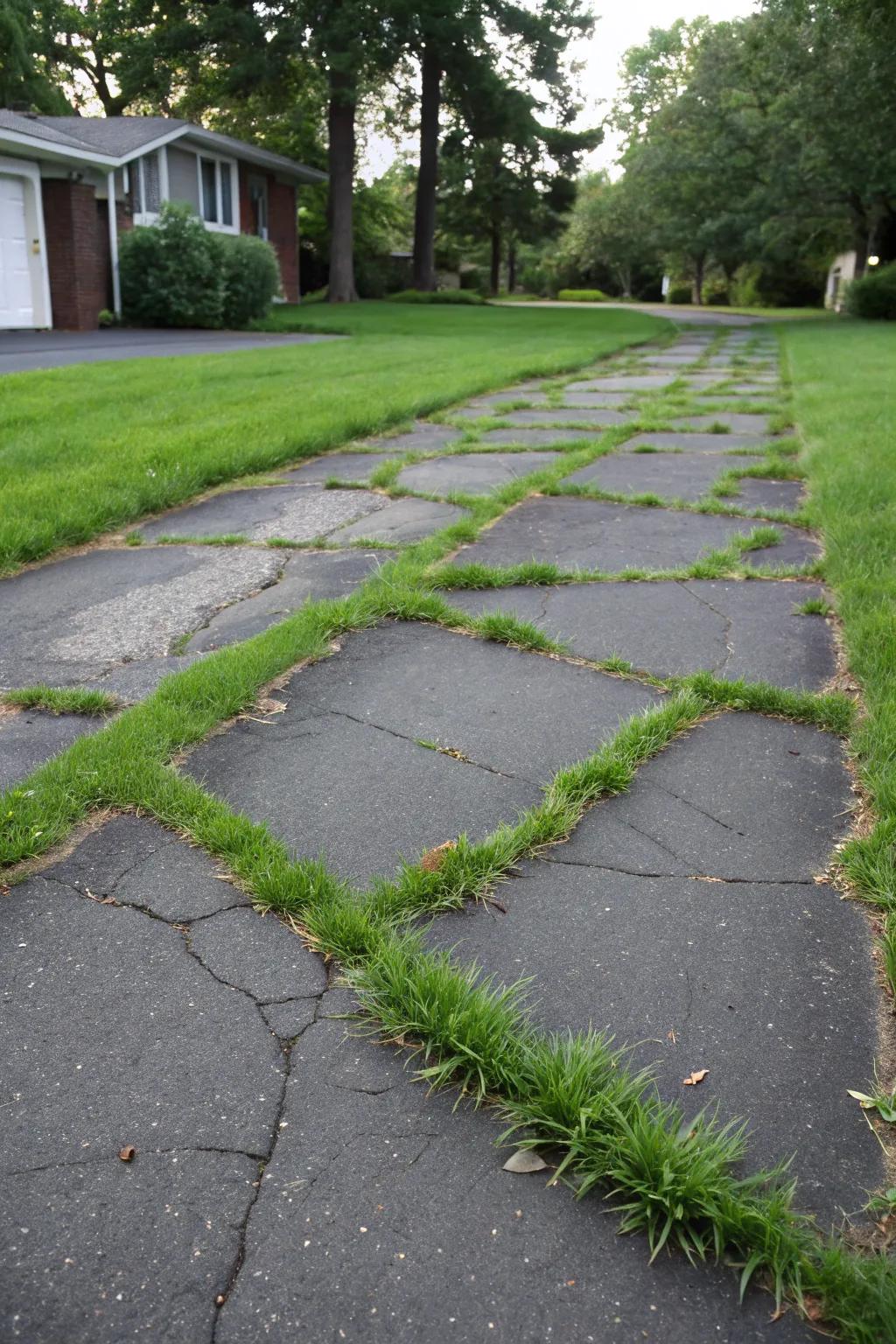 Driveway highlighting green moss or grass between paver joints.