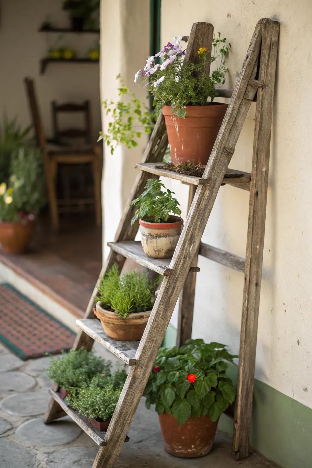 A unique plant stand adds vertical interest and charm.