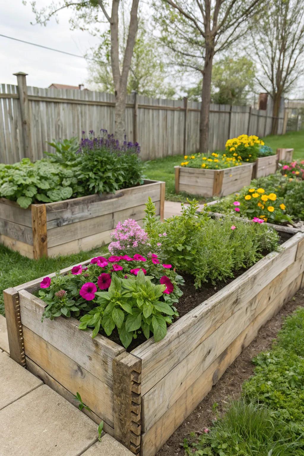 Rustic charm with wooden planter boxes in a vibrant garden setting.