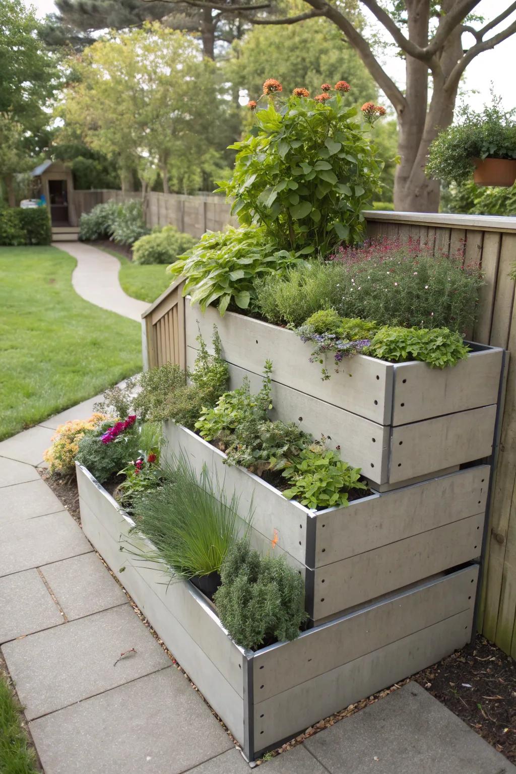Multi-level planters add depth and visual interest.