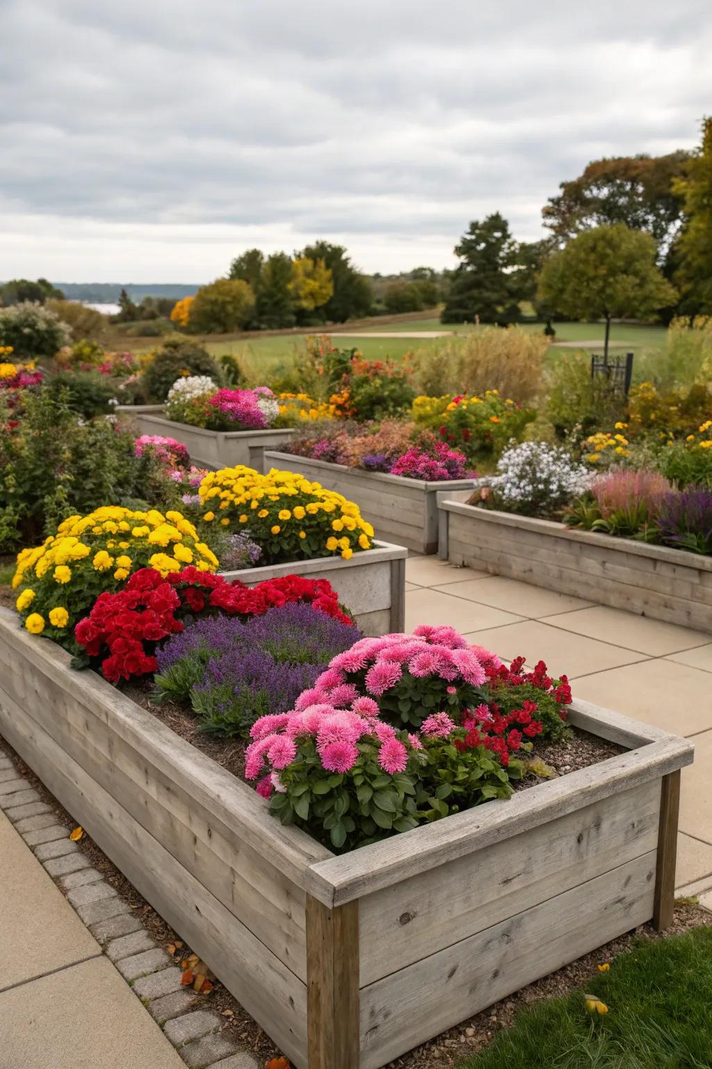 Seasonal blooms create a vibrant planter display.