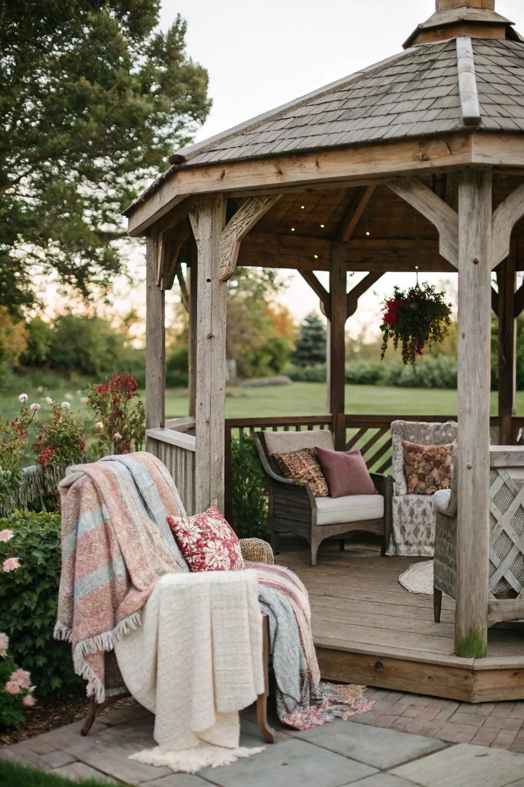 A rustic gazebo adorned with cozy textiles and throws.