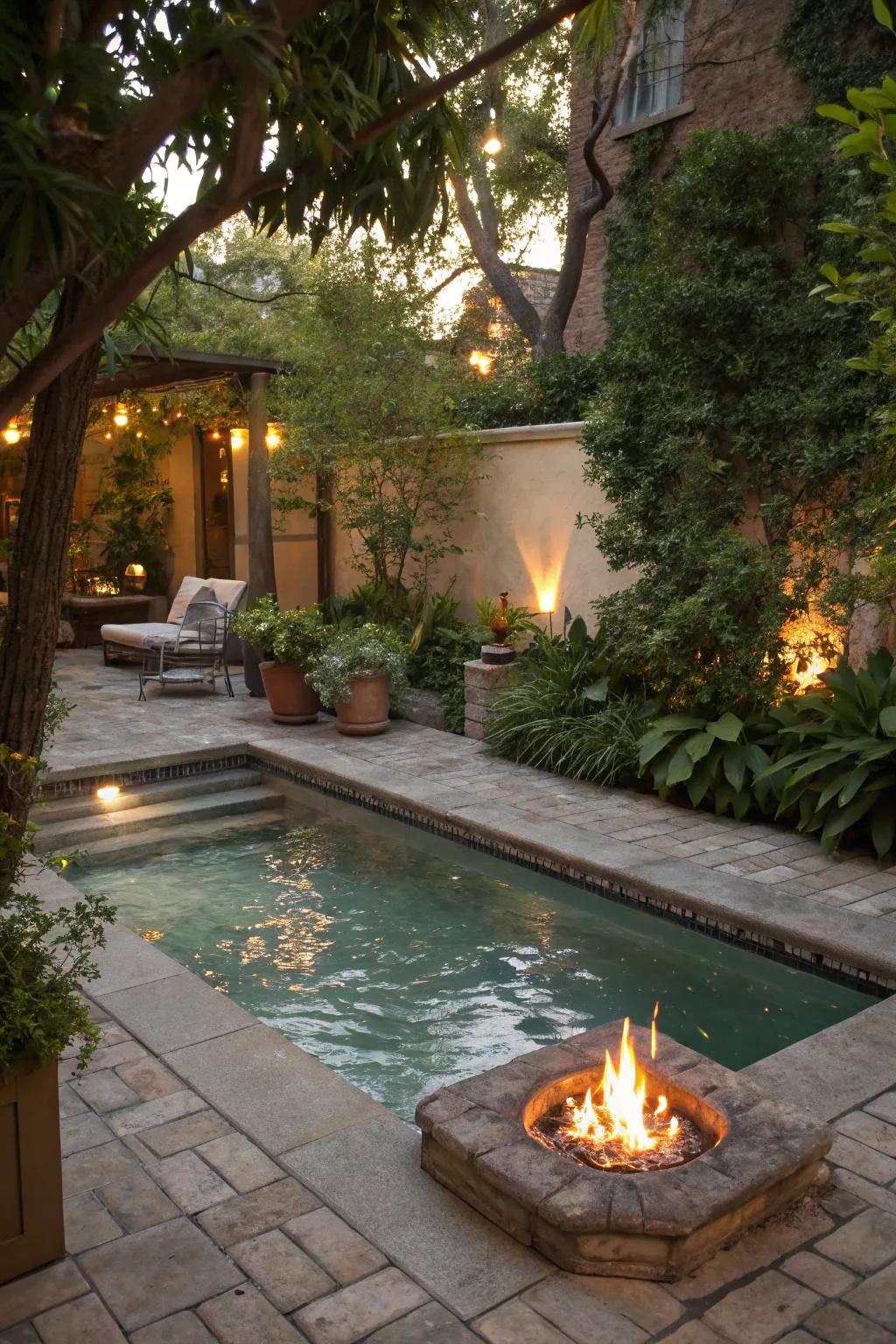 A warm fire feature complementing a small courtyard pool.