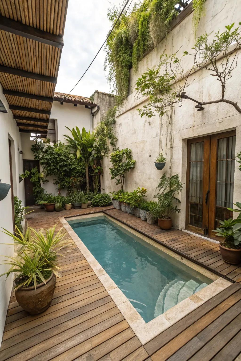 A cozy oasis created with wooden decking around a small pool.