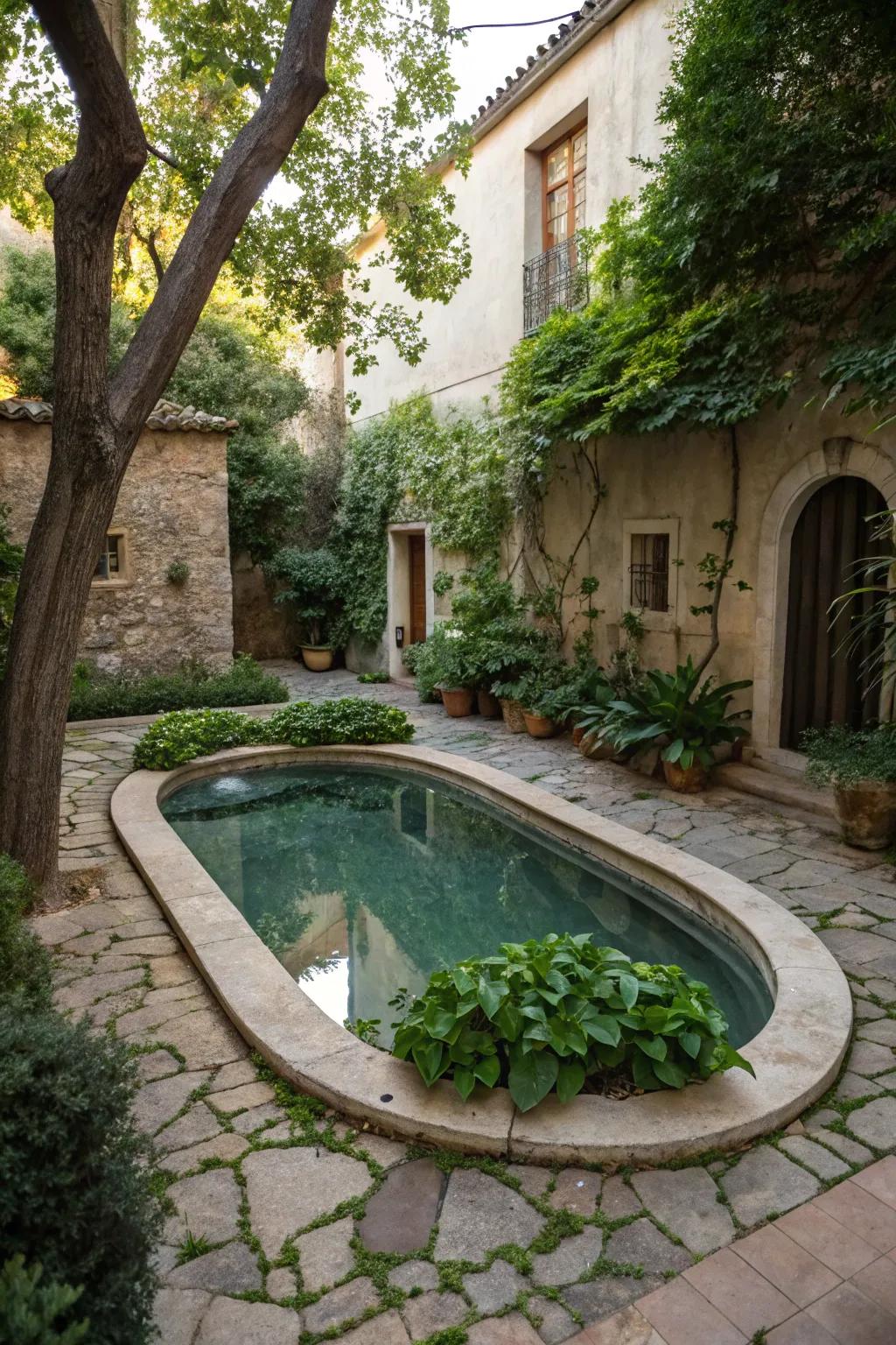 A uniquely shaped pool maximizing space in a small courtyard.