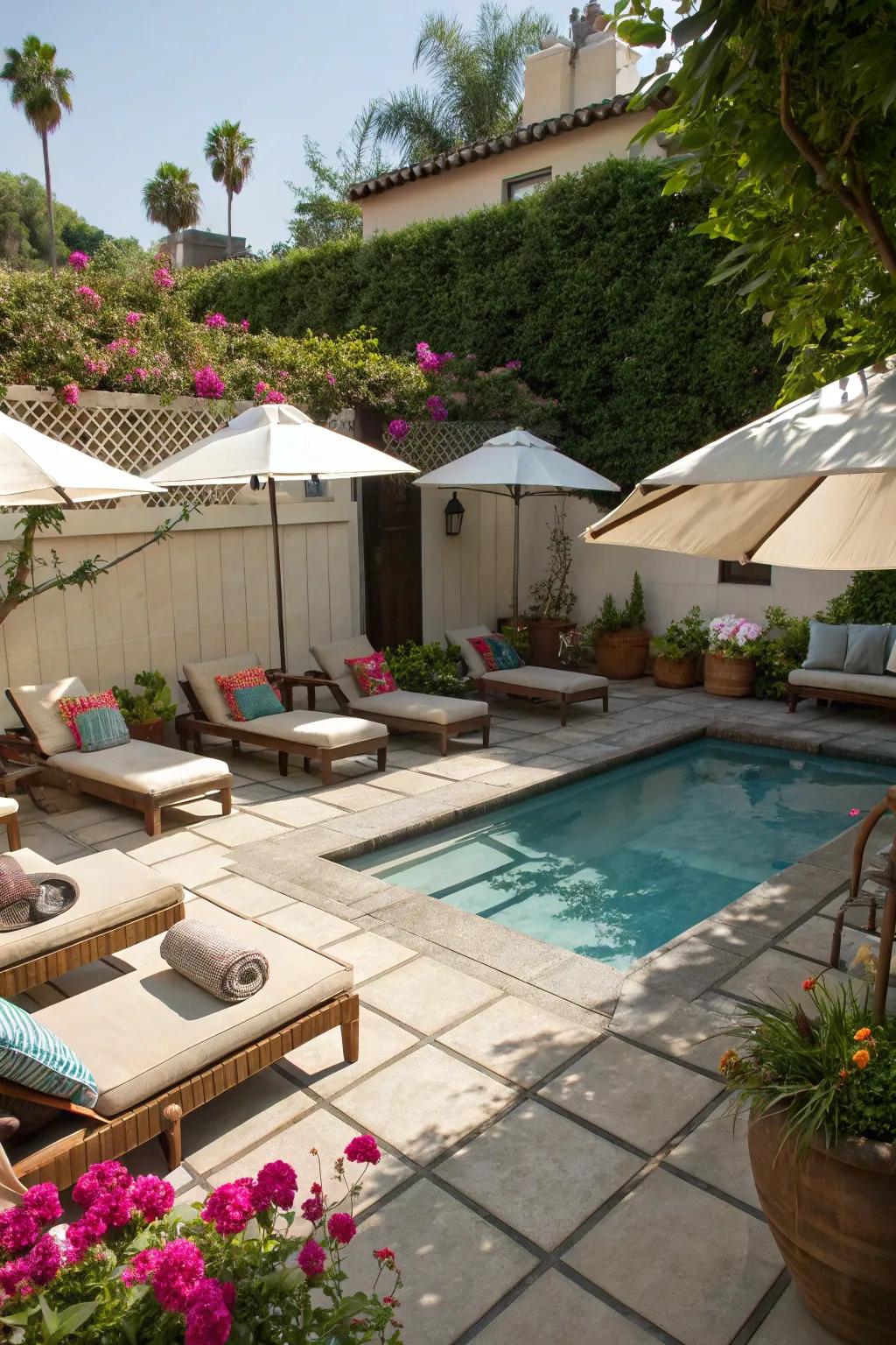 Comfortable lounge seating enhancing a small pool experience.